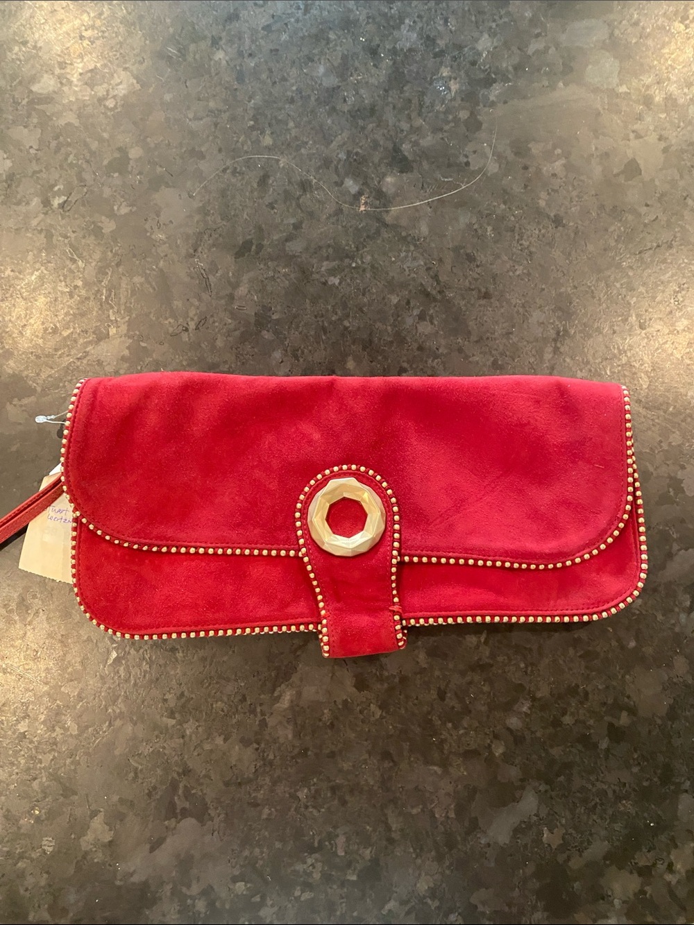 Stuart Weitzman Red Suede Wristlet Clutch with Gold Hex Accent